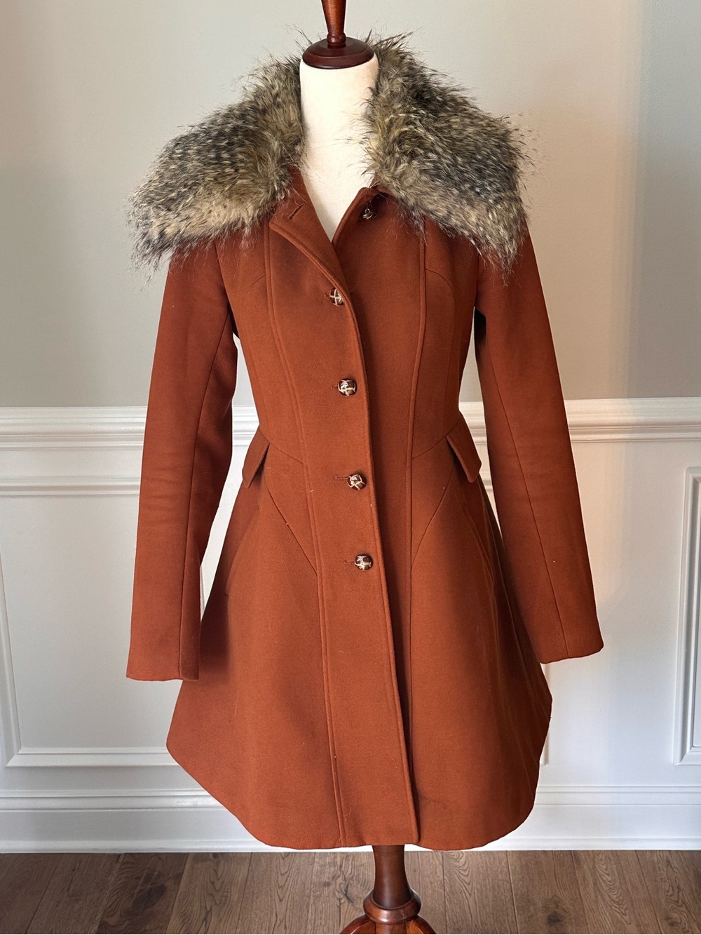 Bar III Burnt Orange Faux Fur Collar Pea Coat size Small